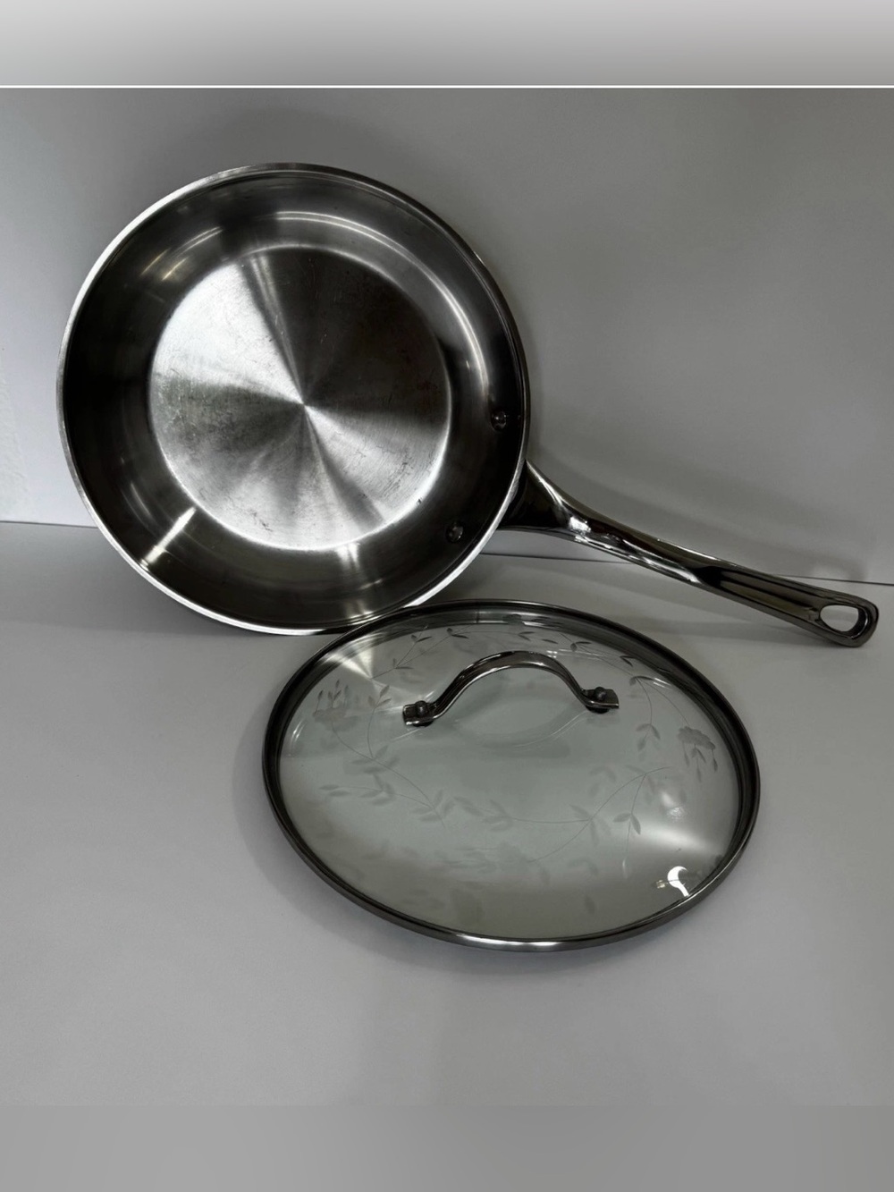 Princess House TriPly Stainless Steel 10" Skillet Fry Pan With Glass Etched Lid